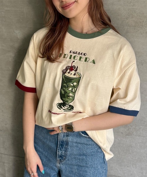 tシャツ PARLOR刺しゅうリンガーTEE レディース DOUBLE NAME tシャツ PARLOR刺しゅうリンガーTEE レディース