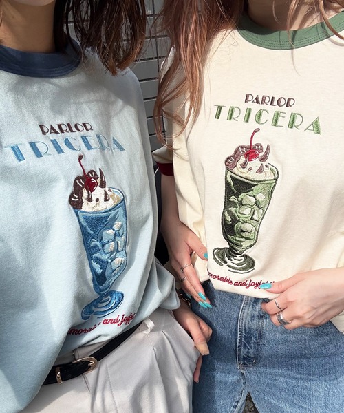 tシャツ PARLOR刺しゅうリンガーTEE レディース DOUBLE NAME tシャツ PARLOR刺しゅうリンガーTEE レディース