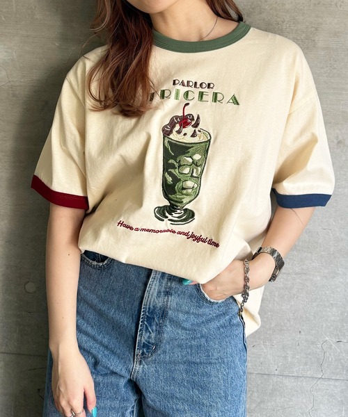 tシャツ PARLOR刺しゅうリンガーTEE レディース DOUBLE NAME tシャツ PARLOR刺しゅうリンガーTEE レディース