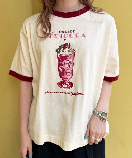 DOUBLE NAME（ダブルネーム） tシャツ 半袖 PARLOR刺しゅうリンガーTEE