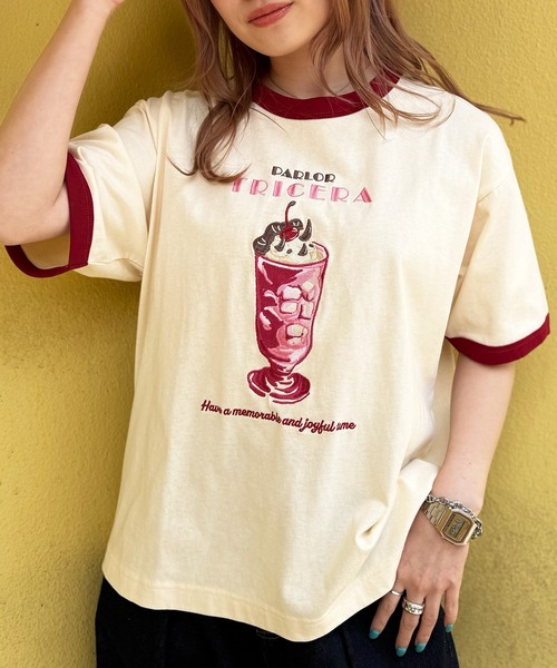 tシャツ PARLOR刺しゅうリンガーTEE レディース DOUBLE NAME tシャツ PARLOR刺しゅうリンガーTEE レディース