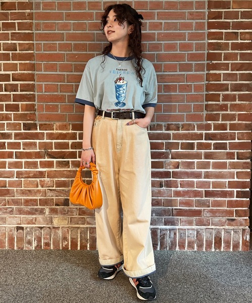 tシャツ PARLOR刺しゅうリンガーTEE レディース DOUBLE NAME tシャツ PARLOR刺しゅうリンガーTEE レディース