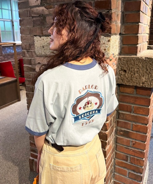 tシャツ PARLOR刺しゅうリンガーTEE レディース DOUBLE NAME tシャツ PARLOR刺しゅうリンガーTEE レディース