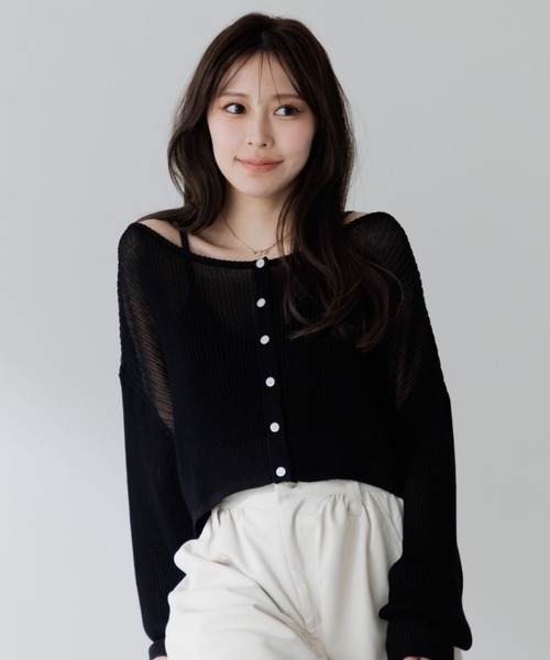 moontreeplanetシアーカーディガン 半袖トップスセット 黒 カーディガン cropped sheer cardigan(クロップドシアー