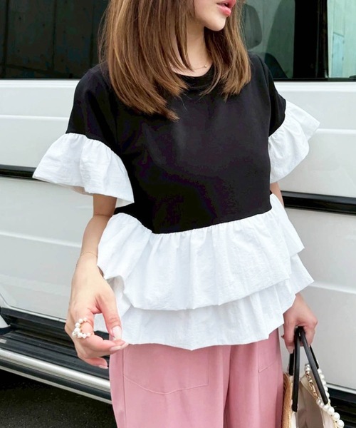tシャツ ダブルバルーン裾フレアトップス レディース