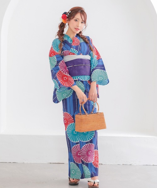 浴衣セット ストライプ作り帯 新品未使用 カラフルストライプ×菊柄浴衣2点セット 作り帯 レディース浴衣