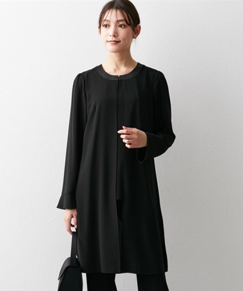セレモニースーツ セットアップ 高身長　「喪服・礼服」　洗えるロング重ね着風ブラウススーツ（ブラウス＋パンツ）(接触冷感・防しわ）　（トールサイズ）