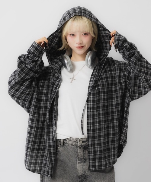 17HR（セブンティーンアワーズ） ブラウス シャツ フード付きチェック