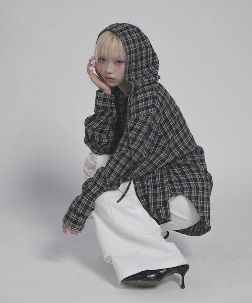 17HR（セブンティーンアワーズ） ブラウス シャツ フード付きチェック