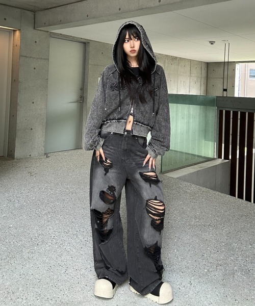 KsG パーカー クロップドスタッズダメージフーディー レディース