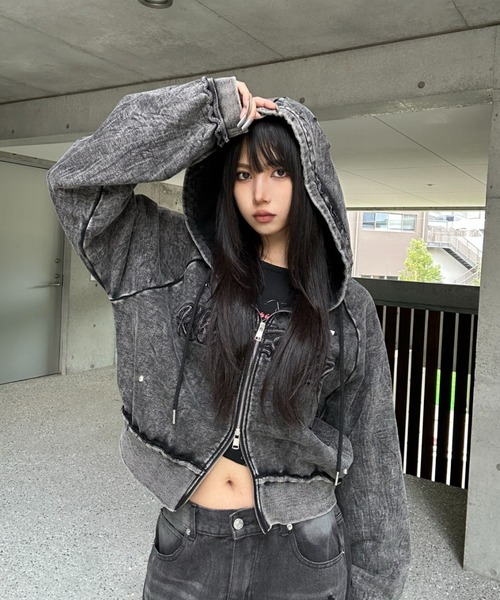 KsG パーカー クロップドスタッズダメージフーディー レディース