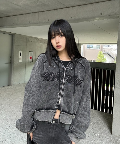 KsG パーカー クロップドスタッズダメージフーディー レディース
