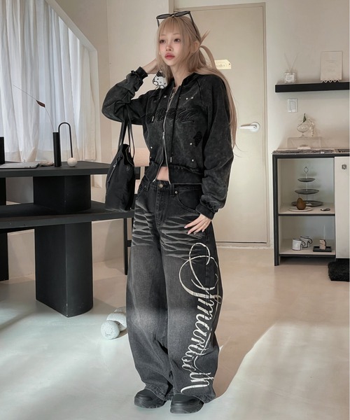 KsG パーカー クロップドスタッズダメージフーディー レディース
