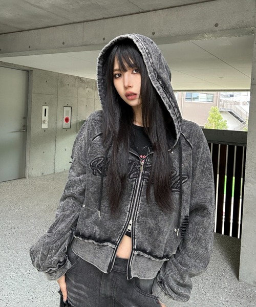 KsG パーカー クロップドスタッズダメージフーディー レディース