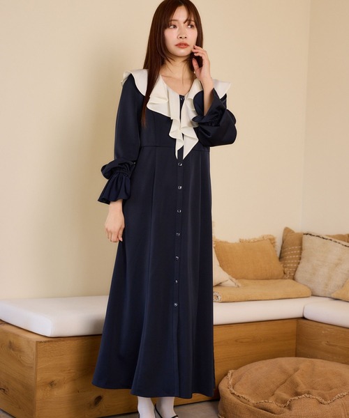 「mysty woman」 長袖ワンピース FREE ネイビー レディース_画像4