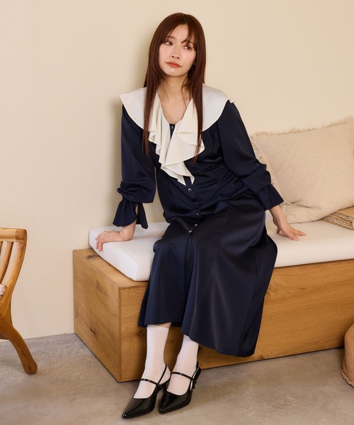 「mysty woman」 長袖ワンピース FREE ネイビー レディース_画像5