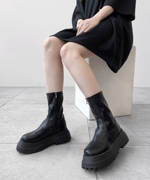 LKS-2107-006 ショートブーツ ソックスブーツ ミドル 厚底 ジッ Lace Ladies ショートブーツ スムース ショート ブーツ ミドル