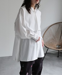 【のり】 バックボタン／バックリボン バンドカラーブラウス（ホワイト） ap retro ブラウス シャツ 「選べる」バックプリーツバンドカラー