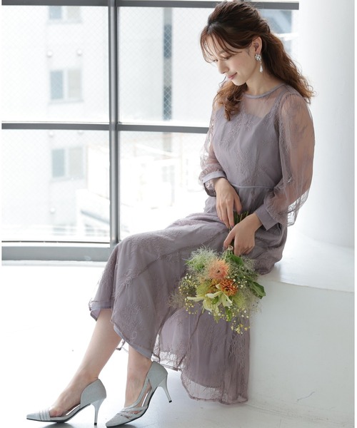 PREFERIR ドレス シアーレース バック リボン 結婚式 パーティー