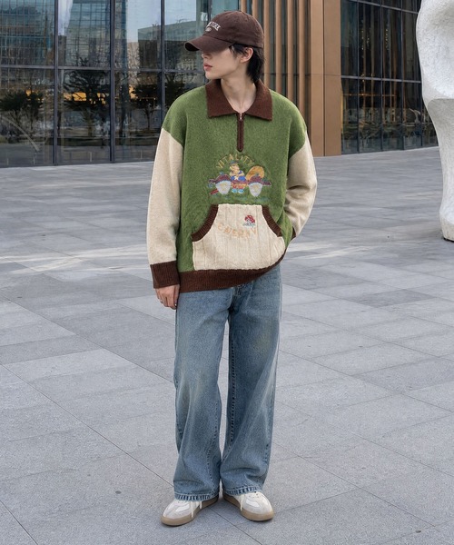 セーター ニット 「HOOK」古着風キャラクター刺繍切り替えポロニット