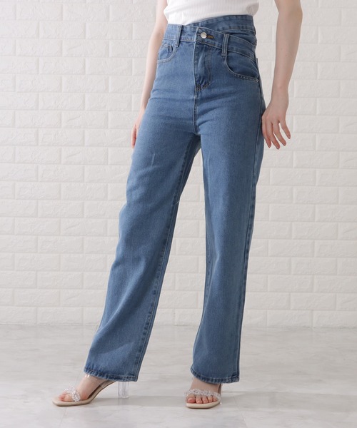 デザインパンツ アシンメトリー ティアード ハイウエスト 綺麗め Lace Ladies ジーンズ デニム デニムパンツ ハイウエスト