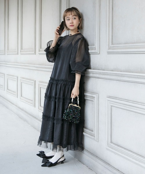 フリル ドレスワンピース Aライン フェミニン 長袖 シアー 韓国 forksy. ドレス 「forksy.」「オケージョン対応」シアーフリル