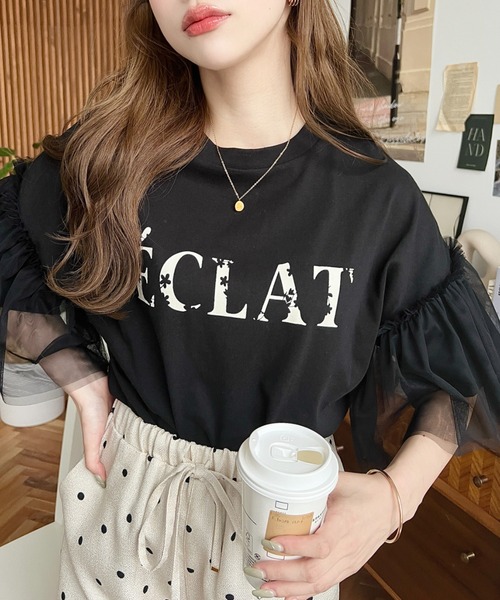 moment+ tシャツ フラワーロゴプリントチュールドッキングフレア
