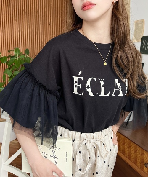 moment+ tシャツ フラワーロゴプリントチュールドッキングフレア