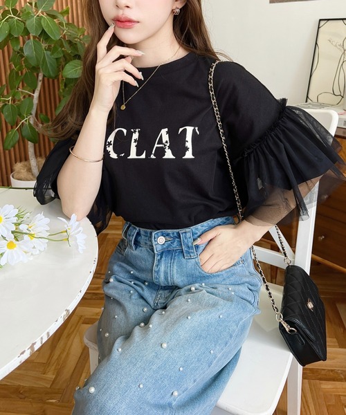 tシャツ フラワーロゴ L/S Tシャツ レディース moment+ tシャツ フラワーロゴプリントチュールドッキングフレア
