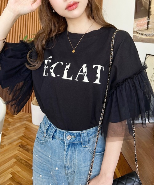 moment+ tシャツ フラワーロゴプリントチュールドッキングフレア