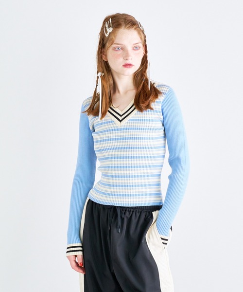 ニット セーター 90'sボーダー クレリックVネックプルオーバー
