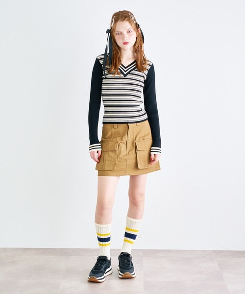 ニット セーター 90'sボーダー クレリックVネックプルオーバー レディース ニット セーター 90'sボーダー クレリックVネックプルオーバー