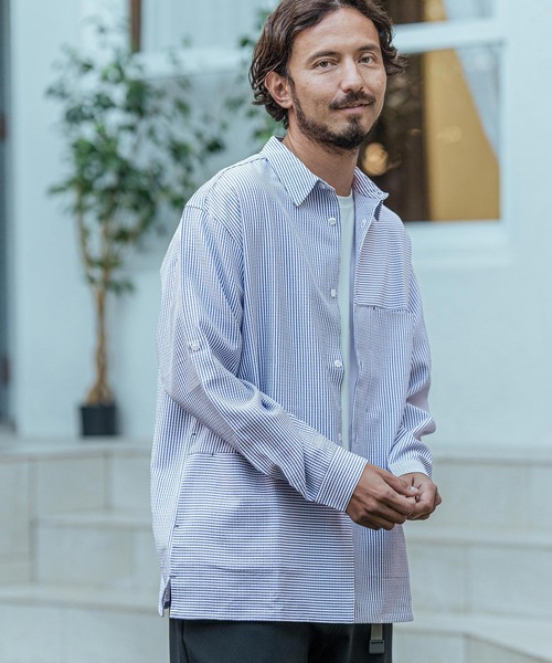 新作【ALAIA】ストライプ シアサッカー製 Tシャツ シャツ ms5902-長袖ロールアップシャツ-シアサッカーストライプ