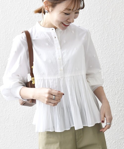 新品同様 シップス 洗える 切替ギャザーペプラム ドットチュニックブラウス 近年 REAL STYLE（ファッション） ブラウス レディース 半袖 オフィス