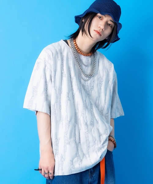 tシャツ a.p.o.v. ジャガード編みフリンジダメージ加工模様オーバー