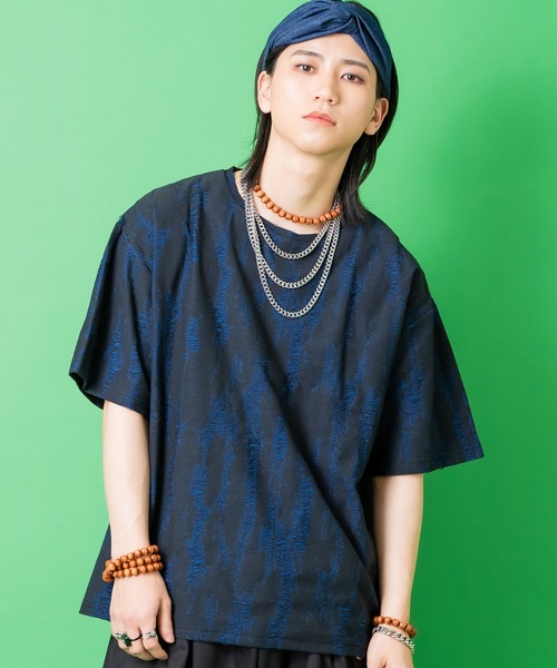 tシャツ a.p.o.v. ジャガード編みフリンジダメージ加工模様オーバー