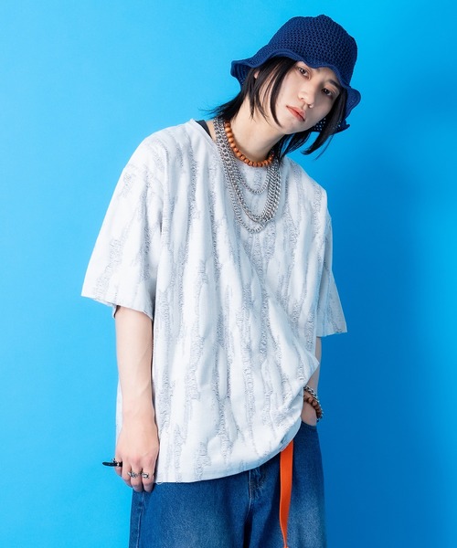 d.i.a. 編み上げ Tシャツ tシャツ a.p.o.v. ジャガード編みフリンジダメージ加工模様オーバー