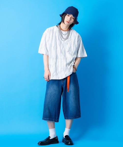 tシャツ a.p.o.v. ジャガード編みフリンジダメージ加工模様オーバー
