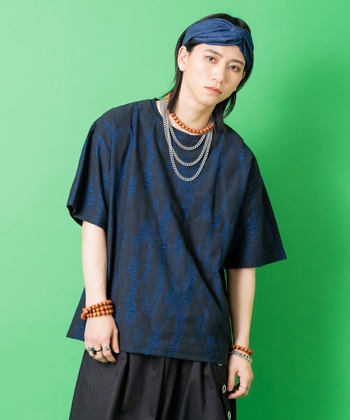 tシャツ a.p.o.v. ジャガード編みフリンジダメージ加工模様オーバー