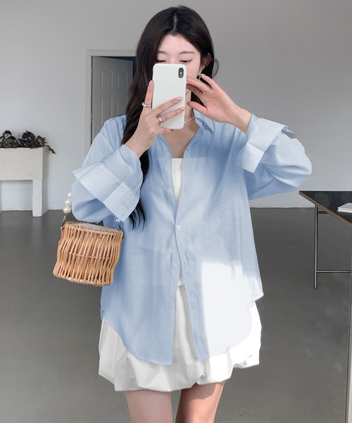 冷房対策シアーシャツ　白 楽天市場】【55％OFF】 シアーシャツ ブラウス 透け感 UV対策