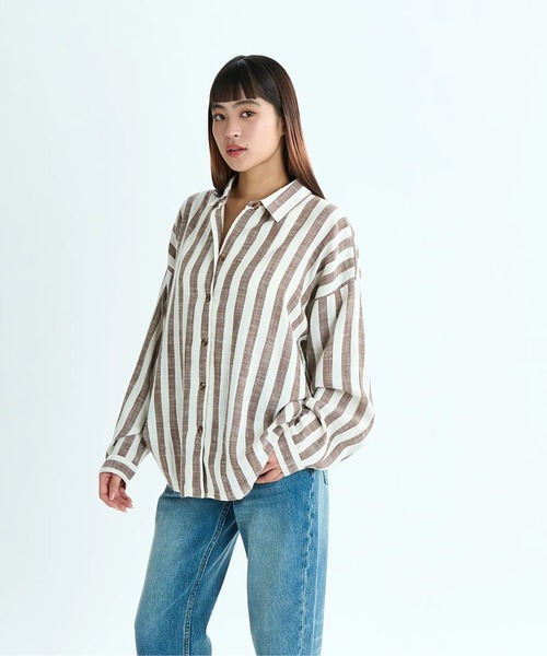 ブラウス シャツ MORNING TIME AGAIN S /ロキシーストライプ柄長袖シャツ レディース