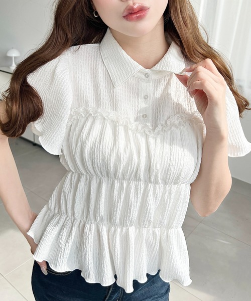 moment+ tシャツ シャーリングビスチェデザインポロシャツ レディース