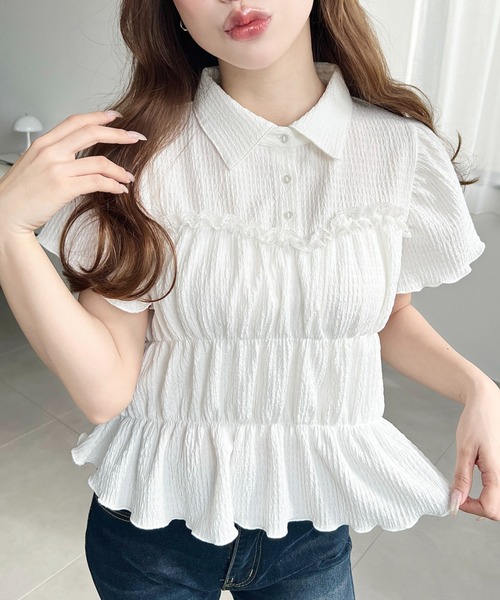 moment+ tシャツ シャーリングビスチェデザインポロシャツ レディース