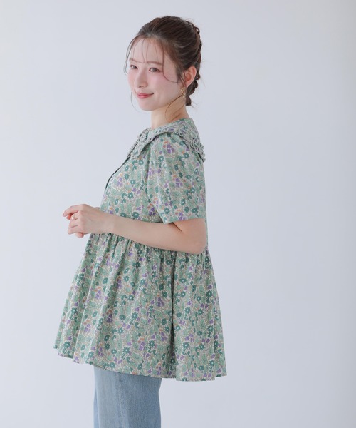 Fit more ブラウス シャツ ミニフリル襟ペプラム花柄ブラウス