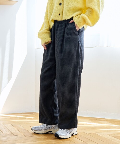 coen（コーエン） スラックス パンツ TRストライプタックワイドパンツ