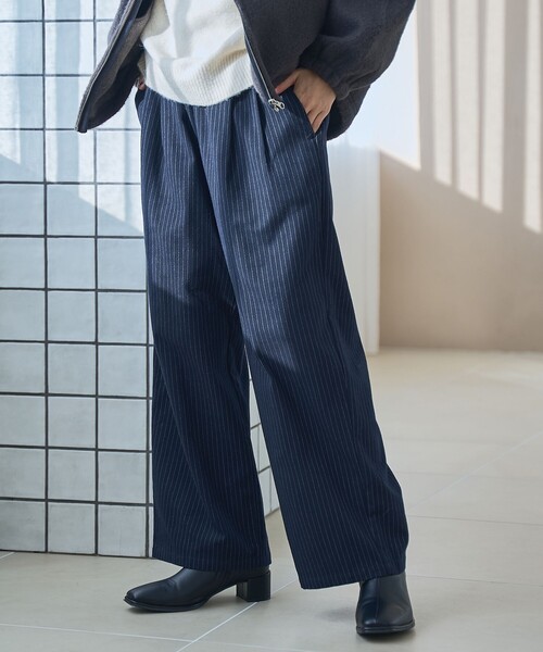coen（コーエン） スラックス パンツ TRストライプタックワイドパンツ