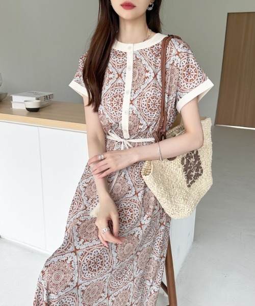 COCOMOMO ワンピース 夏 半袖 大人リゾート ダマスク柄ワンピース 半袖