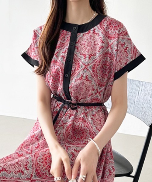 COCOMOMO ワンピース 夏 半袖 大人リゾート ダマスク柄ワンピース 半袖 