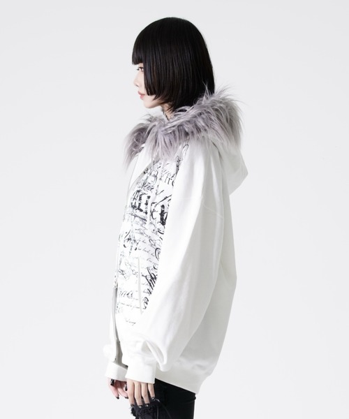 『REFLEM/レフレム』ファー付き顔料加工ZIPパーカー/ホワイト REFLEM（レフレム） パーカー 「REFLEM/レフレム」ファー付きタイポZIP