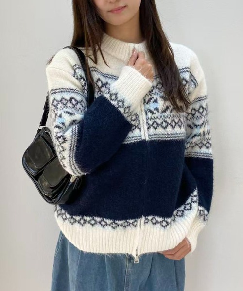 カーディガン ゆったりフェアアイルジップニットカーディガン